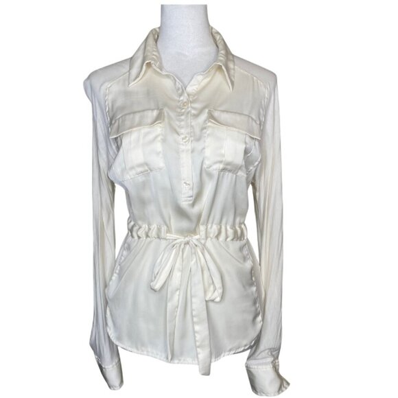 New York & Company Women's Cream Button Down Blouse Top Roll-Tab Tie Waist Small - Picture 1 of 9